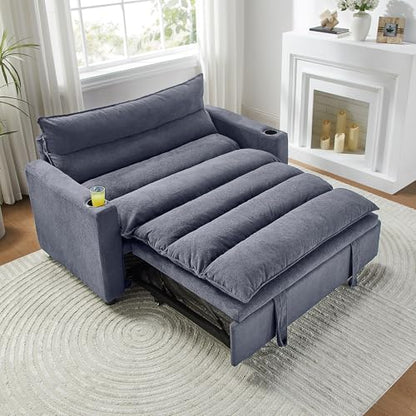 SLEERWAY 3 in 1 Convertible Sleeper Sofa Bed, 56.3" W Easy Pull Out Couch Bed with Dual Cup Holders, Comfy Thick Padding Futon Loveseat with Adjustable Backrest for Living Room Small Space (Grey) - color: Grey, size: 56.3"