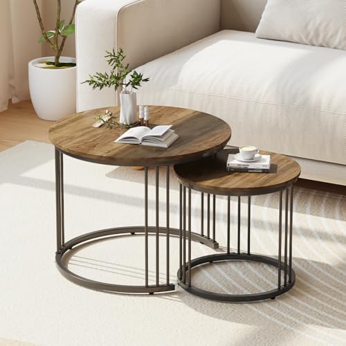 Nesting Coffee Table, 23.6" Round Coffee Table Set of 2, Wooden Nesting Table with Metal Frame, Ceter Tables for Living Room Bedroom Balcony, Brown - color: Brown