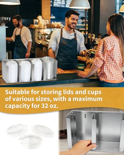 Stainless Steel Cup Dispenser,4 Compartments Cup Holder and Lid Holder with Adjustable Dividers,Cup Organizer for Kitchen Cabinets Cafe Shop Restaurant,Includes Straw Holder - size: 4 Compartments