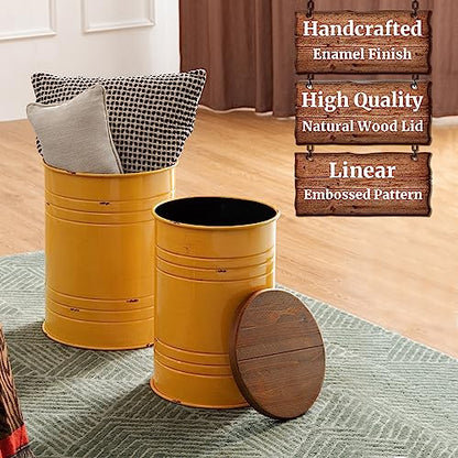 Glitzhome Rustic End Table Set of 2, Farmhouse Galvanized Metal Barrel Ottoman Storage Stool with Round Wood Lid for Living Room Furniture, Yellow - color: Yellow