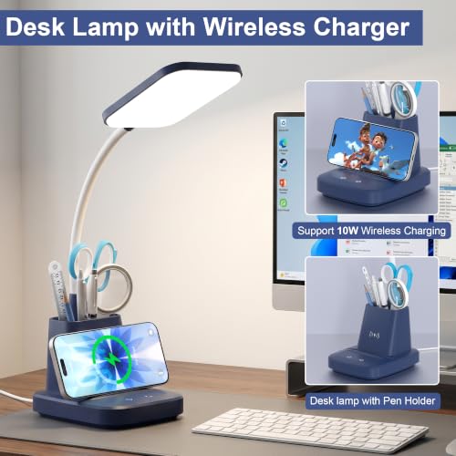 LED Desk Lamp with 10W Wireless Charging & Pen Holder, Navy Blue | CRI 95, 800LM, Stepless Dimming, 3 Modes, 360°Flexible Arm, Touch, Study Table Lamp for Home Office, Dorm Room, with Adapter - color: Navy Blue
