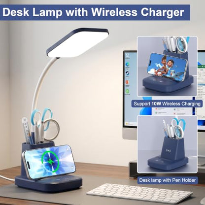 LED Desk Lamp with 10W Wireless Charging & Pen Holder, Navy Blue | CRI 95, 800LM, Stepless Dimming, 3 Modes, 360°Flexible Arm, Touch, Study Table Lamp for Home Office, Dorm Room, with Adapter - color: Navy Blue