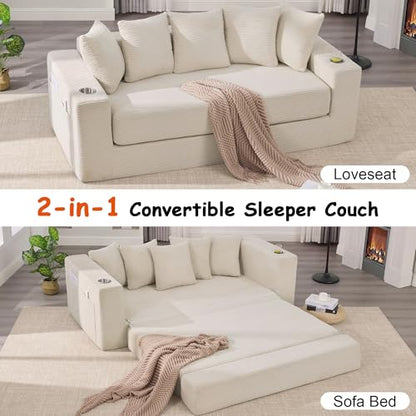 76" Convertible Sofa Bed, Corduroy Boneless Couch with Cup Holders & Pocket | 2-in-1 Sleeper Sofa, Pull-out Couch Bed with 5 Pillows, Living Room, Small Spaces, Bedroom, No Assembly - color: 76" Beige