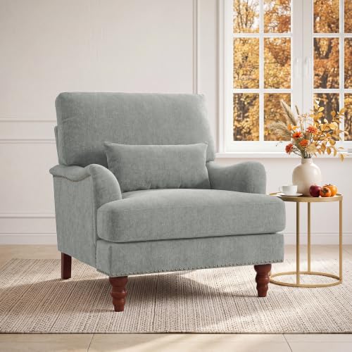 Mid-Century Modern Accent Chair with Lumbar Pillow, Light Grey, 2 Pack | Upholstered Chenille Armchair, Solid Wood Frame & Legs, Comfy Reading Lounge Sofa for Living Room Bedroom, & Small Spaces - color: Chenille Light Grey, size: 2 Seat