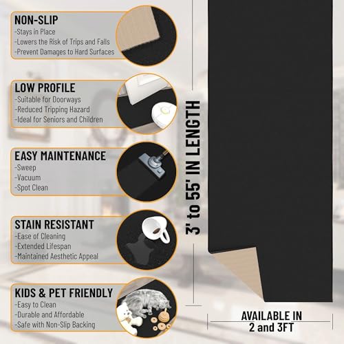 Ottomanson 3x16 Extra Long Hallway Runner Rug – Stair Carpet Runner | 16ft Non-Slip Rugs Runner for Living Room, Bedroom, Entryway – Black Solid Thin Bathroom Floor Mat, 31" x 16' - color: Solid Black, size: 2'7" x 16' (31" Wide)