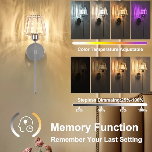 Battery Operated Crystal Wall Sconce Set of 2, Chrome Rechargeable Wireless Wall Sconces with Remote Dimmable 12 Colors Modes Led Wall Lights for Bedroom Living Room Hallway, 2 Bulbs Included - color: Chrome