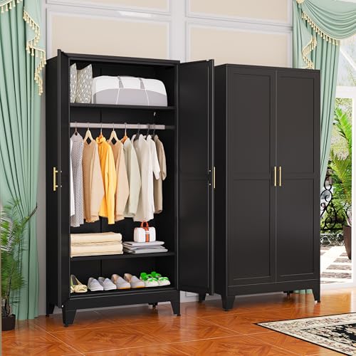 GAIOUS Metal Wardrobe Cabinet with Hanging Rod, Clothing Storage Cabinets | with 2 Doors and Adjustable Shelves, 71" Metal Black Armoire Wardrobe Closet for Bedroom, Laundry Room, Cloak Room - color: No Drawer Black, size: 17.71"D x 31.5"W x 71"H