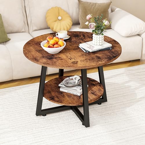 Round Coffee Table with Storage,Metal Small Coffee Table,Brown | 2-Tier Circle Small Coffee Table for Living Room, Metal Frame/Wood Look,Modern Sofa Table Center for Home Office - color: Brown