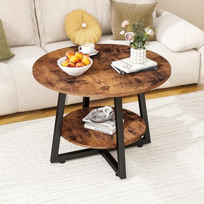 Round Coffee Table with Storage,Metal Small Coffee Table,Brown | 2-Tier Circle Small Coffee Table for Living Room, Metal Frame/Wood Look,Modern Sofa Table Center for Home Office - color: Brown