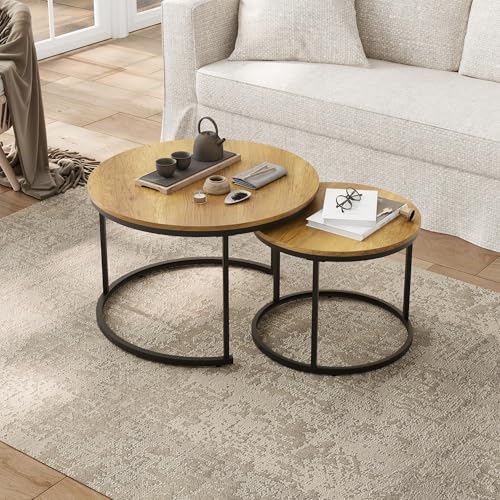 Smuxee Nesting Coffee Table Set of 2, 27.6" Round Coffee Table Wood Grain Top with Adjustable Non-Slip Feet, Industrial End Table Side Tables for Living Room Bedroom Balcony Yard - color: Brown, size: 27.6"W