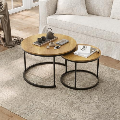 Smuxee Nesting Coffee Table Set of 2, 27.6" Round Coffee Table Wood Grain Top with Adjustable Non-Slip Feet, Industrial End Table Side Tables for Living Room Bedroom Balcony Yard - color: Brown, size: 27.6"W