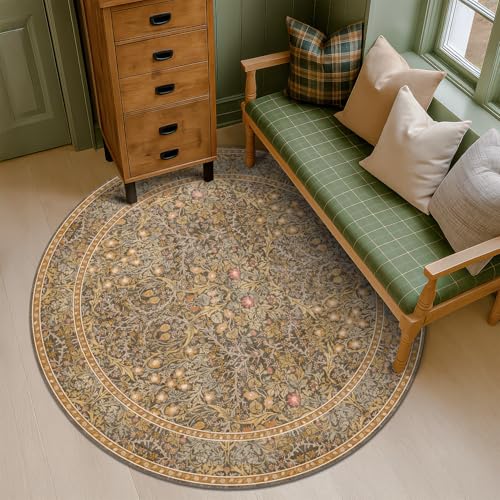 Gold Brown 5ft Throw Rugs for Living Room, Washable Low Pile Soft Round Rug for Bedroom Beside Bed, Vintage Botanical Floral Design, Non Slip Stain Resistant Carpet - color: Gold Brown, size: 5' (Round)