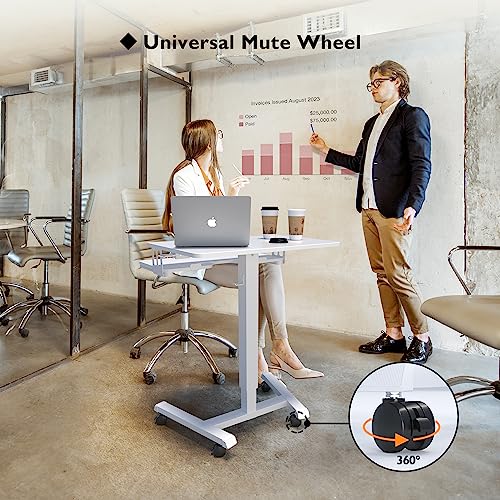 BONTEC Mobile Standing Desk with Keyboard Tray, Mobile Podium on Wheels | Rolling Laptop Sit Stand Desk, Adjustable Height Desk Up to 33lbs, Portable Computer Workstation Cart for Living Room, White - color: White