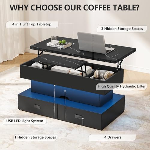 Turosur 40" Lift Top Coffee Table, LED Coffee Tables with Storage and 4 Drawers, Coffee Table with Lifting top for Living Room Home Office, Black - color: Black