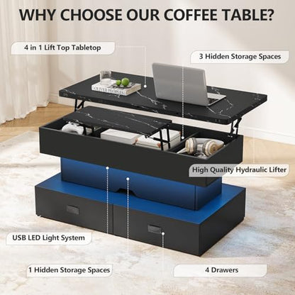 Turosur 40" Lift Top Coffee Table, LED Coffee Tables with Storage and 4 Drawers, Coffee Table with Lifting top for Living Room Home Office, Black - color: Black