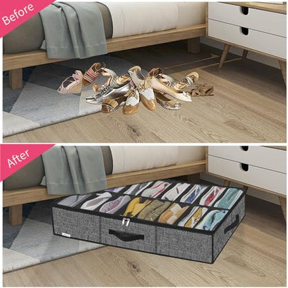 Onlyeasy Sturdy Under Bed Shoe Storage Organizer Fit 8 to 16 Pairs, Collapsible Closet Underbed Shoes Container Bags with Reinforced Handles, 37.7x23.6x5.9in, Linen-like Black, MXAUBS16P1 - color: Linen-like Black 1 Shoes (16 Cells)
