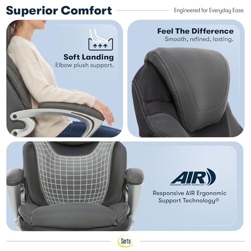 Serta Bryce Executive Office Chair - Ergonomic Computer Desk Chair with Patented AIR Lumbar Technology - Adjustable Height - Memory Foam Body Pillows - 360° Swivel Rolling Base - Bonded Leather - Gray - color: Grey