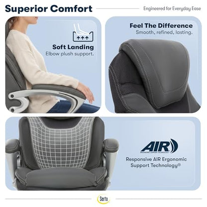 Serta Bryce Executive Office Chair - Ergonomic Computer Desk Chair with Patented AIR Lumbar Technology - Adjustable Height - Memory Foam Body Pillows - 360° Swivel Rolling Base - Bonded Leather - Gray - color: Grey