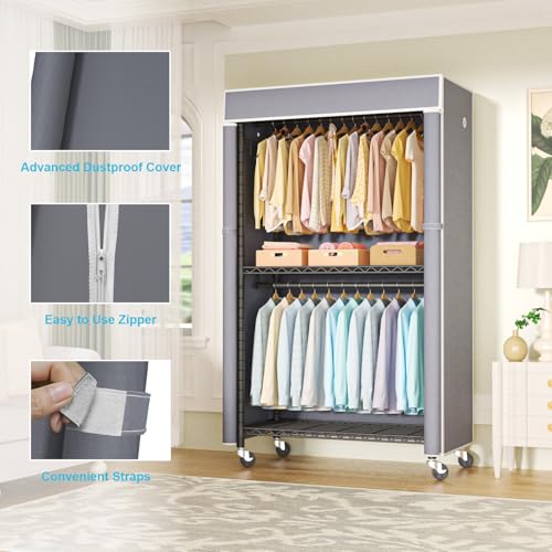 Black Clothing Rack with Grey Cover, P1C Rolling Closets | Metal Garment Rack for Hanging Clothes, Clothing Storage Wardrobe, with Wheels - color: Black Rack With Grey Cover
