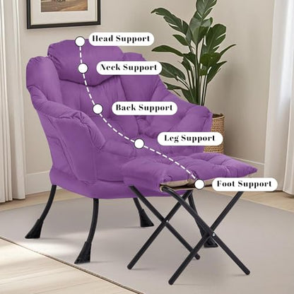 Lazy Chair with Ottoman, Comfy Reading Chair, Purple | Cushioned Seat with Foldable Ottoman and Side Pocket, Lounge Chair for Bedroom, Living Room, Dorm and Small Spaces - color: Purple