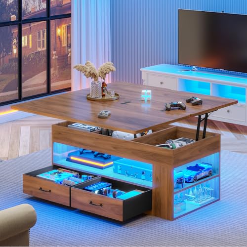 Itaar Lift Top Coffee Table, 4 in 1 Coffee Tables with Storage and Hidden Compartment, Farmhouse Coffee Table with 2 Fabric Drawers & LED Light for Living Room, Brown - color: Brown