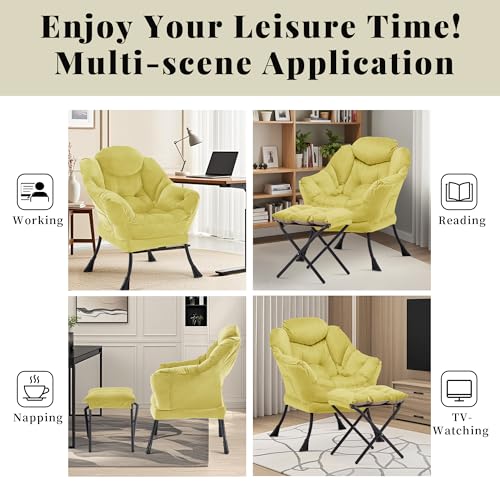 Lazy Chair with Ottoman, Comfy Reading Chair, Yellow | Cushioned Seat with Foldable Ottoman and Side Pocket, Lounge Chair for Bedroom, Living Room, Dorm and Small Spaces - color: Yellow