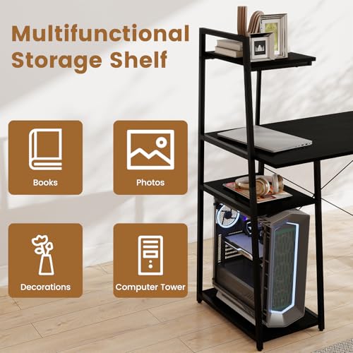 Tangkula Computer Desk with Shelves, Space Saving Home Office Desk with 3-Tier Ladder Shaped Storage Bookshelf, Modern Writing Study Desk with Metal Frame, Compact Computer Workstation (Black) - color: Black