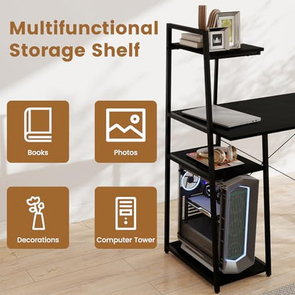 Tangkula Computer Desk with Shelves, Space Saving Home Office Desk with 3-Tier Ladder Shaped Storage Bookshelf, Modern Writing Study Desk with Metal Frame, Compact Computer Workstation (Black) - color: Black
