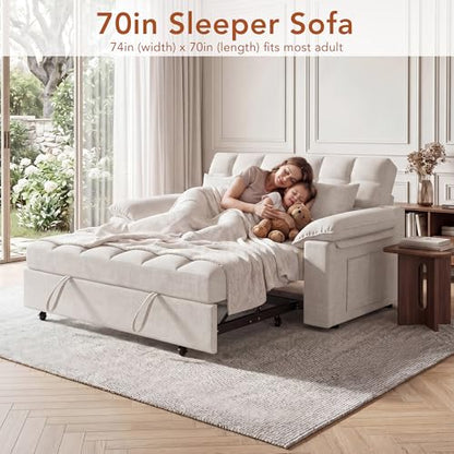 Vipbear Sleeper Sofa Bed, 70" Pull Out Futon Couch with Small Table| USB Port | Side Pockets | Tool-Free Assembly | Adjustable Backrest for Apartment, Office, Guest Room, Chenille Beige - color: Beige