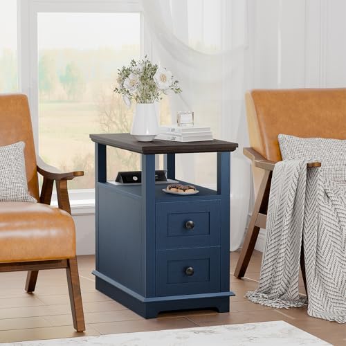 HIFYOBRO 2 Drawers End Table with Flip Top Charging Station | Narrow Side Table, Type-C & USB Port & Power outlets, Wooden Storage End Table for Living Room, Bedroom - color: Dark Blue, size: 1 Piece