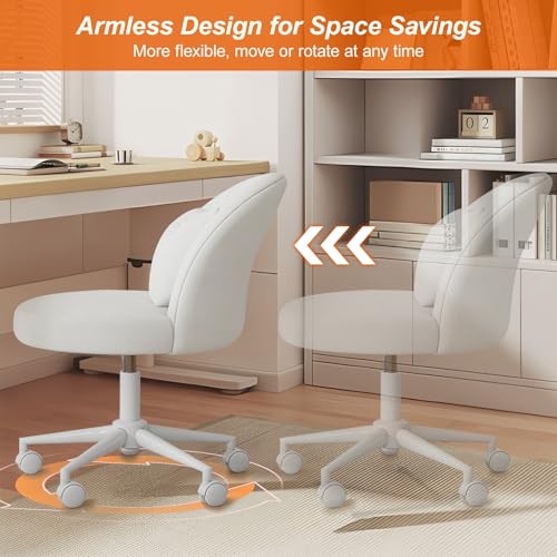 Desk Chair with Soft Cushion, Adjustable Height Armless Office Chair Upholstered Makeup Vanity Chair, Swivel Accent Chair for Living Room, Bedroom, Study, Home Office - color: Cream