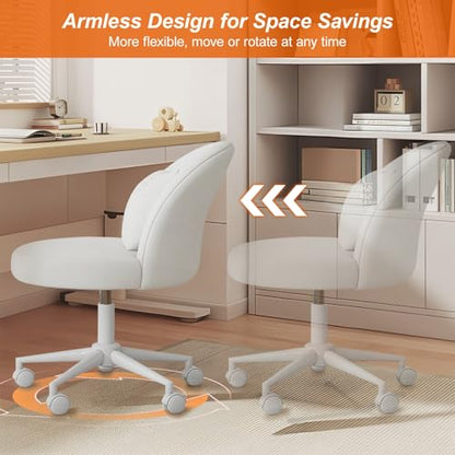 Desk Chair with Soft Cushion, Adjustable Height Armless Office Chair Upholstered Makeup Vanity Chair, Swivel Accent Chair for Living Room, Bedroom, Study, Home Office - color: Cream