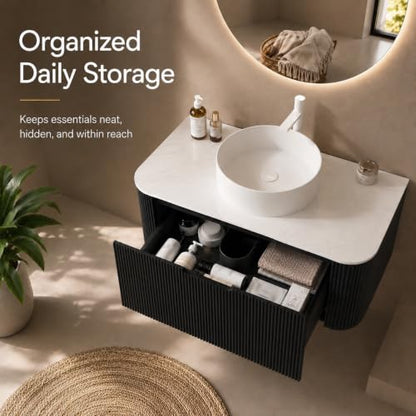 24" Floating Bathroom Vanity with Sink, Wall Mounted Plywood Cabinet, Black Fluted Front, Sintered Stone Countertop, White Round Ceramic Vessel Sink, Soft-Close Drawer, Pre-Assembled - color: Black Cabinet / White Sink, size: 24 Inch