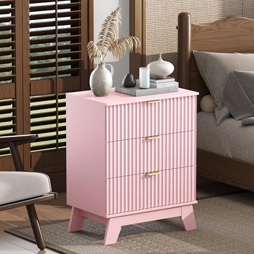 Night Stand Set 2, Bedside Table & End Table, Mid Century Modern Fluted Wood Nightstand with 3 Drawers & Metal Handles, Farmhouse Nightstand for Bedroom, Pink - color: Pink, style: 3 Drawers-2 PCS