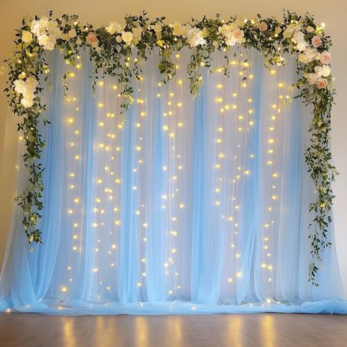 Tulle Backdrop Curtain with Lights Baby Blue 10x8ft Sheer Curtain Backdrop | Tulle Curtains Sheer Backdrop Curtains for Parties, Wedding, Birthday, Baby Shower, Photo Shoot Decorations(2 Panels 5x8ft) - color: Baby Blue, size: 10FT X 8FT(2 Panels 5ft X 8f