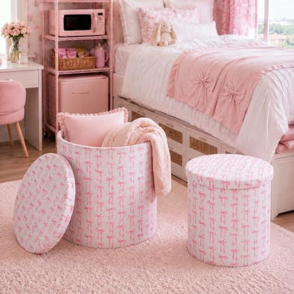 Geetery 2 Pcs Dorm Ottoman with Storage Set Pink Bow Ottoman | Vanity Stool with Storage for Bedroom Coffee Table Small Coquette Foot Stool for Girls Living Room College Dorm Essentials - style: Pink Bow Pattern