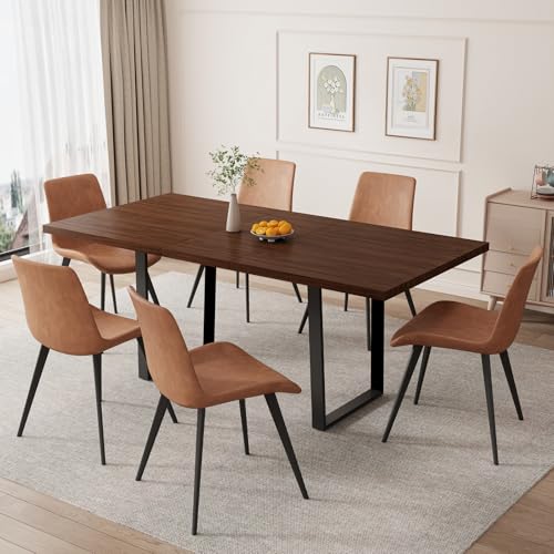 Mid-Century Extendable Dining Table Set, 51"-67", 6 Upholstered Chairs - color: Table + 6 Brown Chairs-b, size: 51"-67"