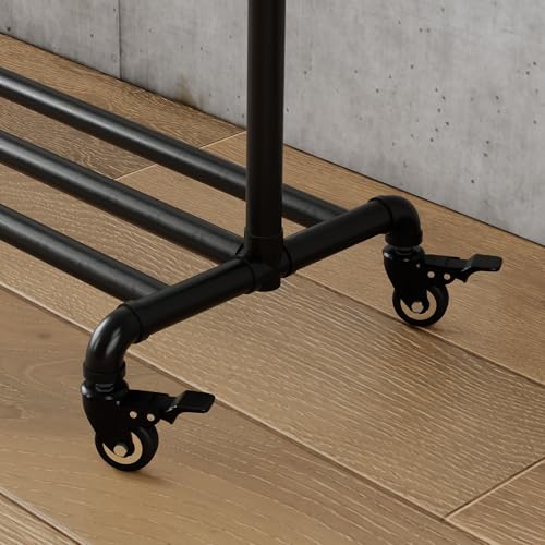 Industrial Pipe Clothing Rack with Wheels,Rolling Garment Rack with Bottom Shelf, Sturdy Metal Clothes Rack for Hanging Clothes Heavy Duty,Black Mobile Wardrobe Rack for Bedroom & Boutique