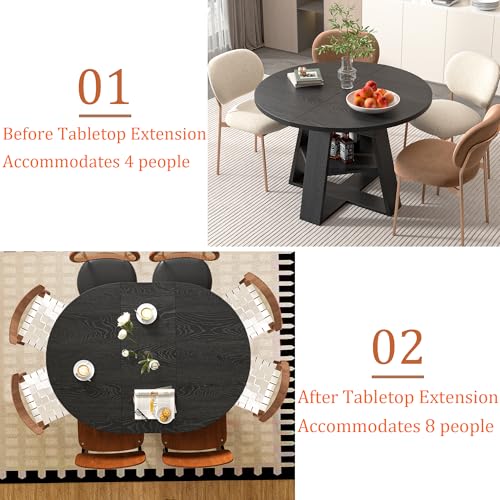 43.3"-59" Extendable Round Oval Dining Table for 4-8 with Storage Shelf | Modern Kitchen Oval Dining Table with Removable Leaves,Space Saving Extendable Table Wood Base for Kitchen Living Room BLack - color: Black