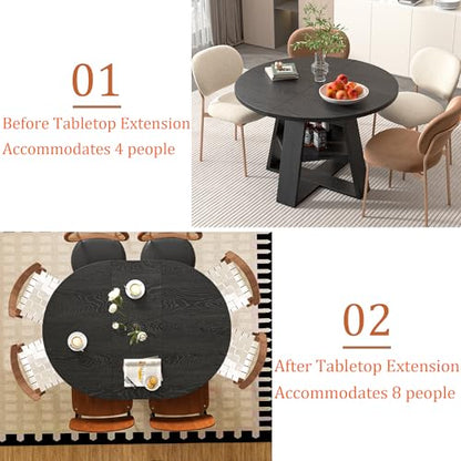 43.3"-59" Extendable Round Oval Dining Table for 4-8 with Storage Shelf | Modern Kitchen Oval Dining Table with Removable Leaves,Space Saving Extendable Table Wood Base for Kitchen Living Room BLack - color: Black
