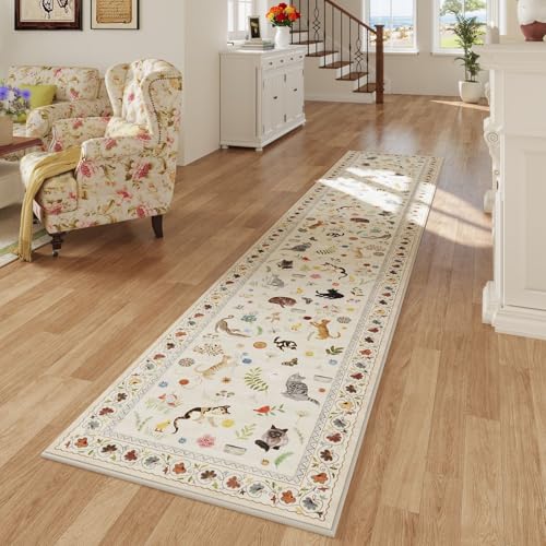 Rugcomf Runners for Kitchen Runner Rug Non Slip 2'x10' Long Washable Rugs with Rubber Backing Soft Floral Animal Cat Carpet Runner for Kitchen Laundry Bedroom Bathroom, Beige - color: Beige/Cat, size: 2' x 10' (Rectangular)