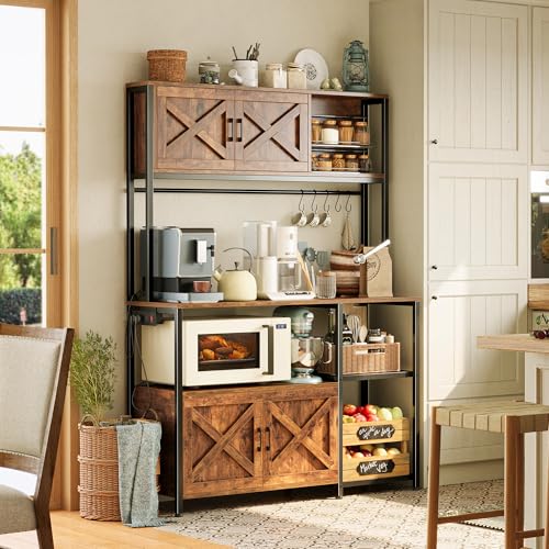 Huuger Large Bakers Rack with Power Outlet, Kitchen Microwave Stand with Cabinets, Coffee Bar Table Station with Storage, 6 S-Shaped Hooks, Mesh Shelves, 45 Inch Wooden Top, Rustic Brown - color: Rustic Brown