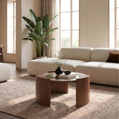 KEIKI Mid-Century Modern Round Coffee Table, 31.5" Wood & Tempered Glass Center Table, Circular Cocktail Table w/Thick Curved Legs, Raised Edge Design for Living Room, Apartment, Walnut Transparent - color: Walnut Transparent
