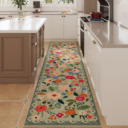 Rugcomf Long Hallway Runner Rug 2'7"x14' - Floral Washable Non Slip Boho Carpet for Kitchen, Entryway, Hall, Bathroom - Green - color: Green, size: 2'7" x 14' (Rectangular)