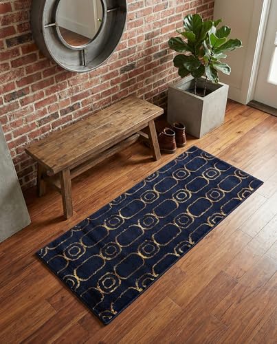 Rugs.com - Vogue Geo Rug – 5 Ft Runner Navy Blue and Gold Easy-Clean Stain-Resistant Rug – Modern Geometric Accent for Hallways, Entryways, and Bedrooms - color: Navy Blue and Gold, size: 2' x 5'1" (Runner)