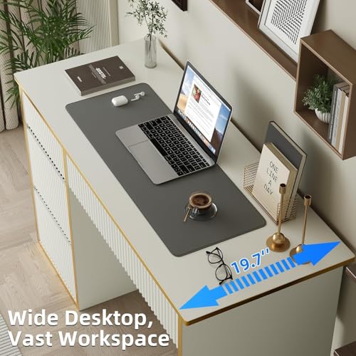 4 EVER WINNER 47-Inch Fluted Computer Desk with 4 Drawers, White and Gold | Compact Home Office Desk with 4 Storage Drawers, Including a Deep File Drawer, White and Gold Desk for Bedroom, Small Spaces - color: White and Gold