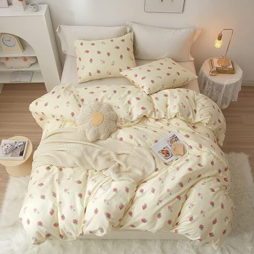 LifeTB Cute Strawberry Duvet Cover Twin Kids Girls Strawberry Bedding Set Kawaii Kids Duvet Cover Soft 100% Cotton Fruit Bedding Cover Boy Teen Cute Comforter Cover with 2 Pillowcases, Cream White - color: A7# Small Strawberry, size: Twin(68"x86")