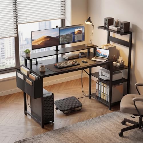 Gaming Desk 47 Inch Computer Table with Storage Shelves & Monitor Stand | LED Setup Style, PC Tower Stand, Reversible Workstation, USB Charging Port, for Home Office Desk, Bedroom, Dorm, Black - size: 47inch