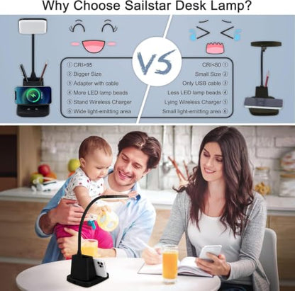 LED Desk Lamp with 10W Wireless Charging & Pen Holder, Black | CRI 95, 800LM, Stepless Dimming, 3 Modes, 360°Flexible Arm, Touch, Study Table Lamp for Home Office, Dorm Room, with Adapter - color: Black