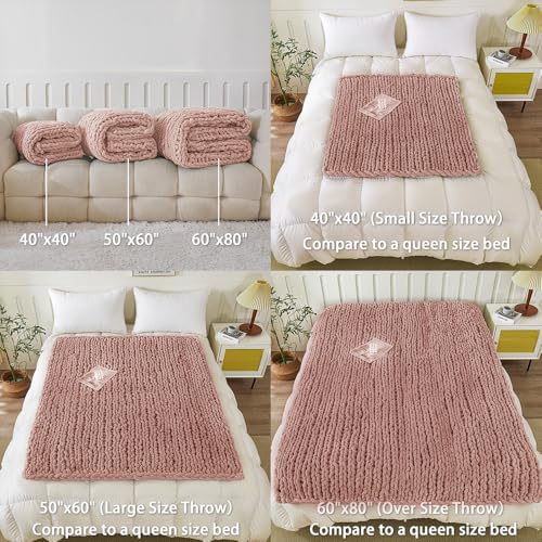 WESHIONGOO Chunky Knit Blanket Throw for Couch Bed 51"×63" Pink | 100% Handmade Knitted Throw blankets Fluffy Soft Blanket With Jumbo Chenille Yarn Thick - color: Pink, size: 51"x63"(Large Size Throw)